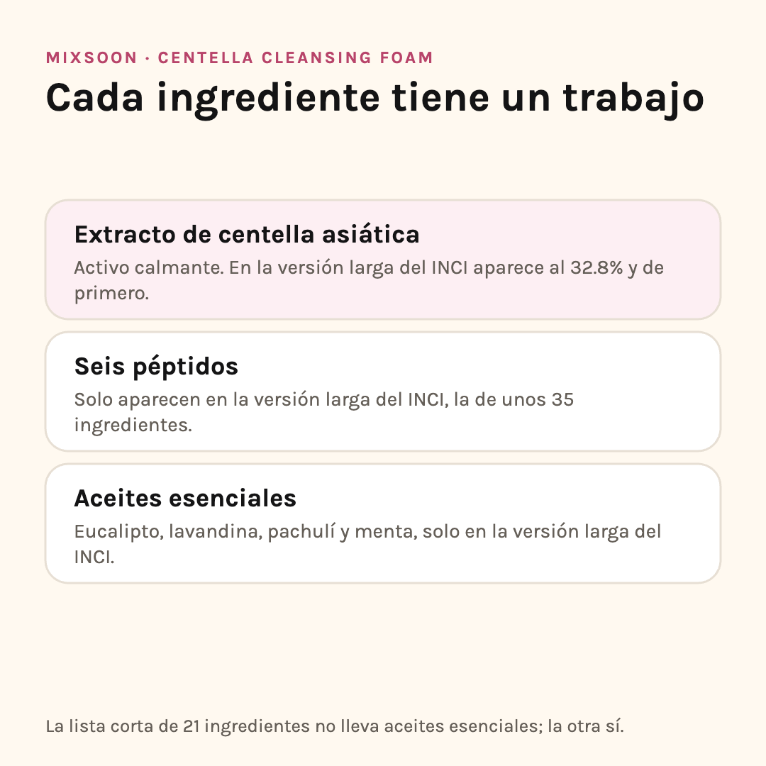 Ingredientes de Mixsoon Centella Cleansing Foam: centella asiática, seis péptidos y aceites esenciales