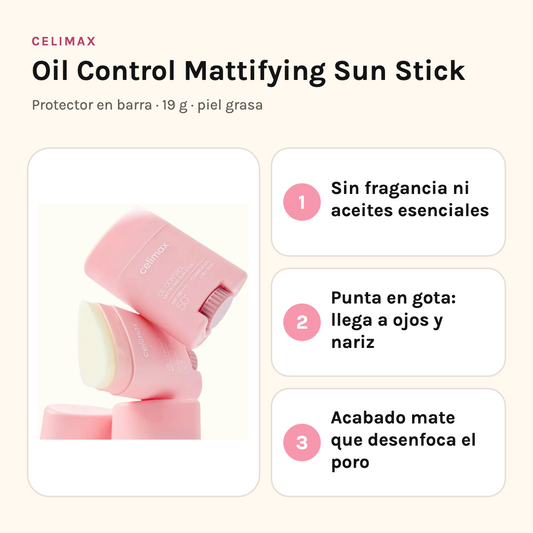 Celimax Oil Control Sun Stick: sin fragancia ni aceites esenciales, punta en gota y acabado mate