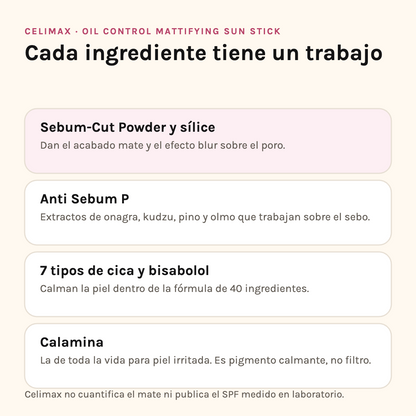 Ingredientes de Celimax Oil Control Sun Stick: Sebum-Cut Powder, sílice, Anti Sebum P, cica y calamina
