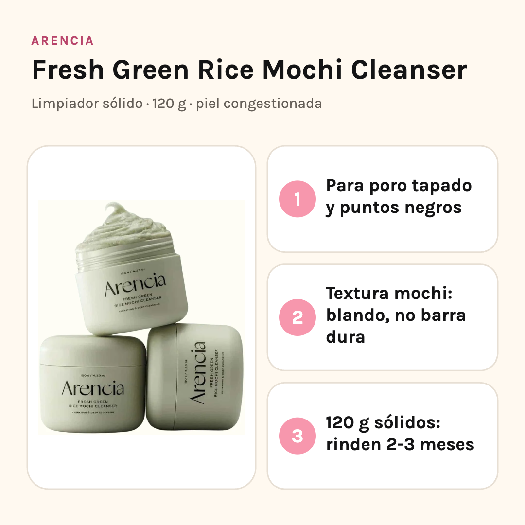 Arencia Green Rice Mochi Cleanser: para poro tapado y puntos negros, textura mochi, 120 g sólidos