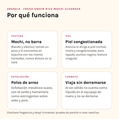 Por qué funciona Arencia Green Rice Mochi Cleanser: textura, tipo de piel, exfoliación y formato