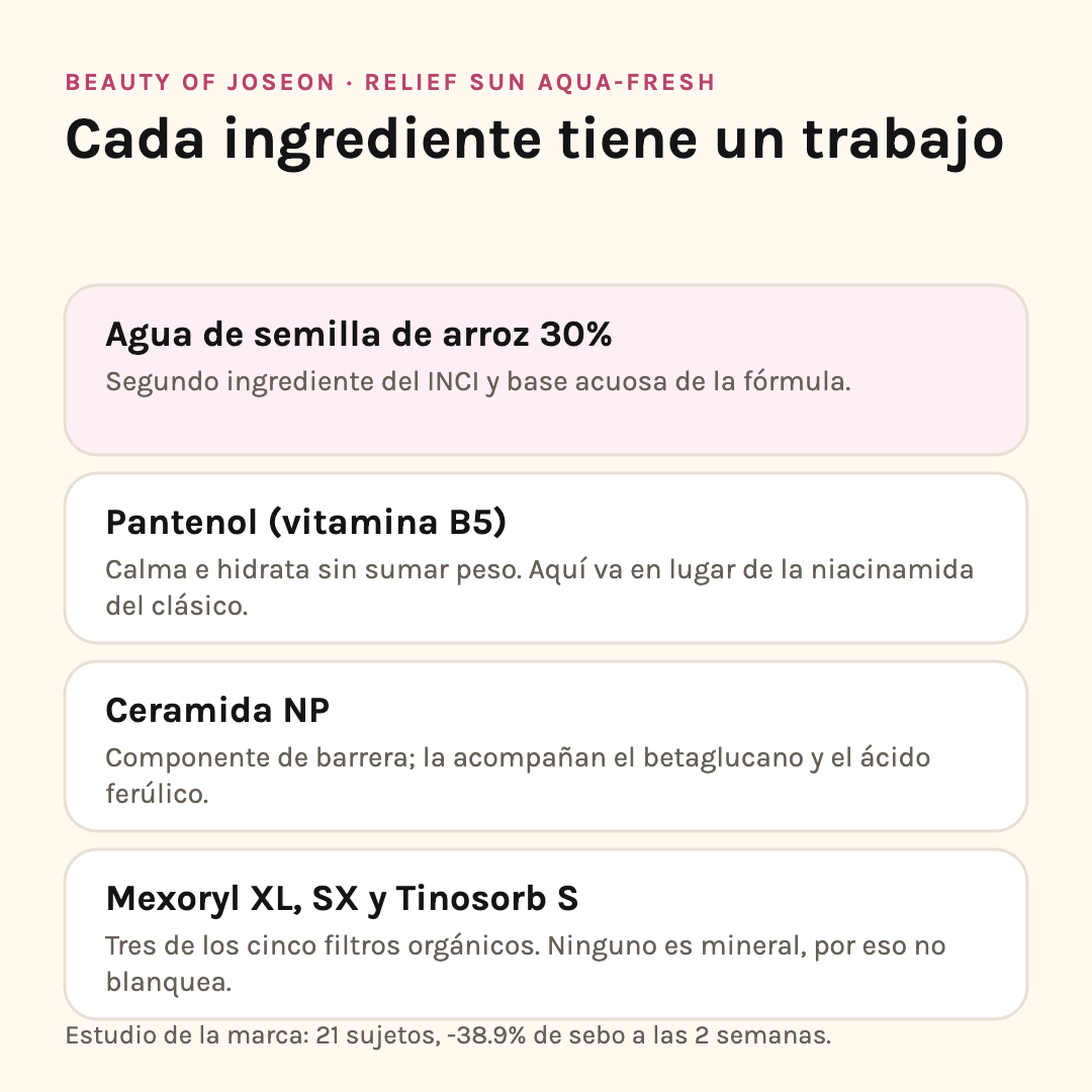 Ingredientes de Beauty of Joseon Aqua-Fresh: agua de arroz 30%, pantenol, ceramida NP y filtros Mexoryl