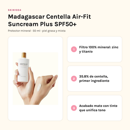 SKIN1004 Air-Fit Suncream Plus: filtro 100% mineral de zinc y titanio, 35.8% de centella, acabado mate con tinte