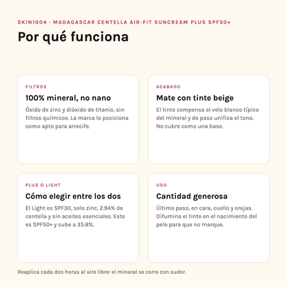 Por qué funciona SKIN1004 Air-Fit Suncream Plus: filtros minerales, acabado con tinte, Plus o Light y modo de uso