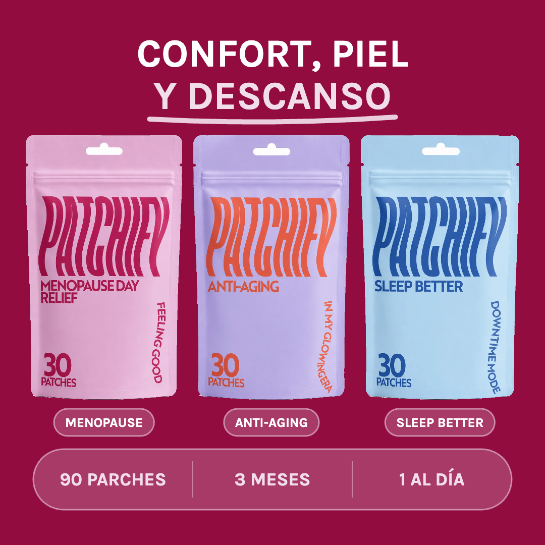 Patchify Trío Esta Etapa: confort, piel y descanso. Menopause Day Relief, Anti-Aging y Sleep Better, 90 parches.