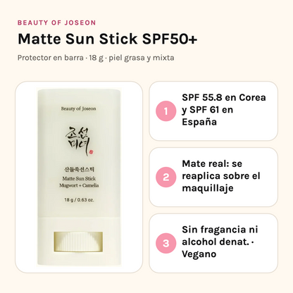 Beauty of Joseon Matte Sun Stick SPF50+ con sus tres beneficios: SPF medido en Corea y España, acabado mate que se reaplica sobre el maquillaje, sin fragancia ni alcohol denat.