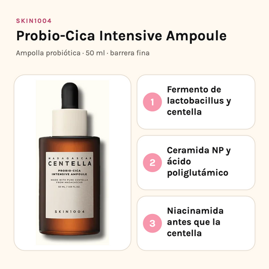 SKIN1004 Probio-Cica Intensive Ampoule con sus tres beneficios: fermento de lactobacillus y centella, ceramida NP y ácido poliglutámico, niacinamida antes que la centella