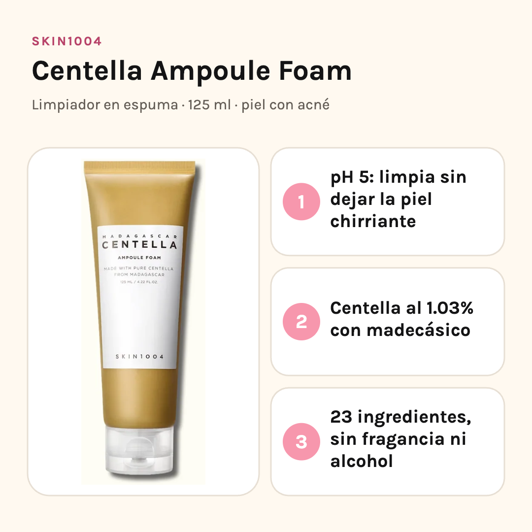 SKIN1004 Centella Ampoule Foam con sus tres beneficios: pH 5 que limpia sin dejar la piel chirriante, centella al 1.03% y 23 ingredientes sin fragancia