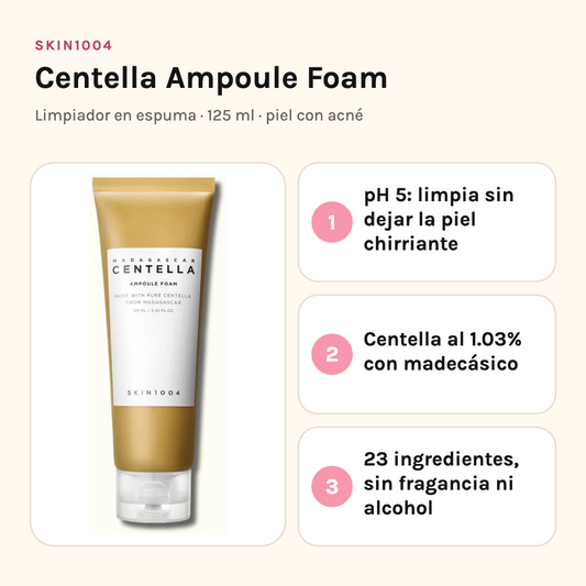 SKIN1004 Centella Ampoule Foam con sus tres beneficios: pH 5 que limpia sin dejar la piel chirriante, centella al 1.03% y 23 ingredientes sin fragancia