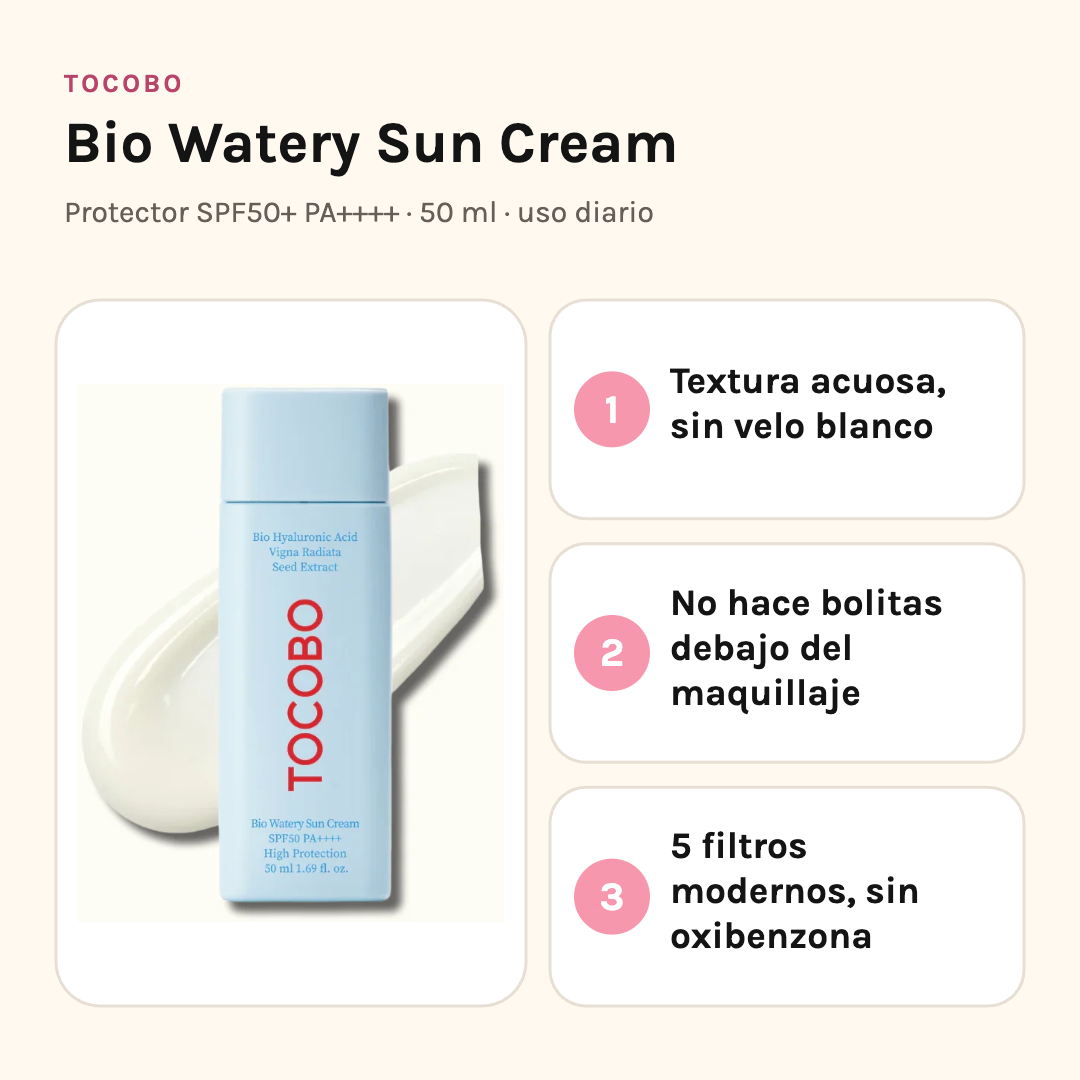 Tocobo Bio Watery Sun Cream SPF50+ con sus tres beneficios: textura acuosa sin velo blanco, no hace bolitas bajo el maquillaje y cinco filtros modernos