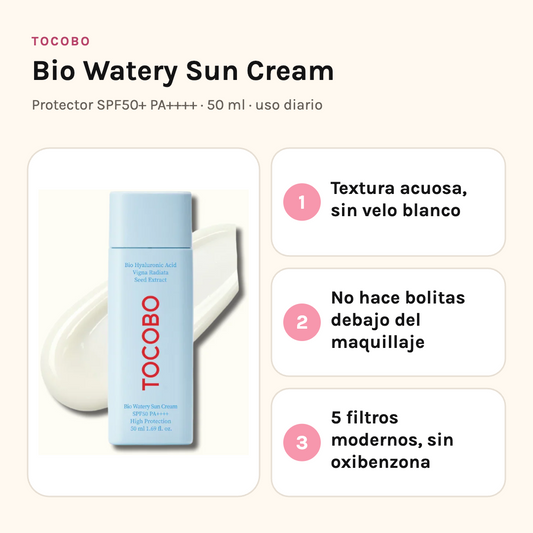 Tocobo Bio Watery Sun Cream SPF50+ con sus tres beneficios: textura acuosa sin velo blanco, no hace bolitas bajo el maquillaje y cinco filtros modernos