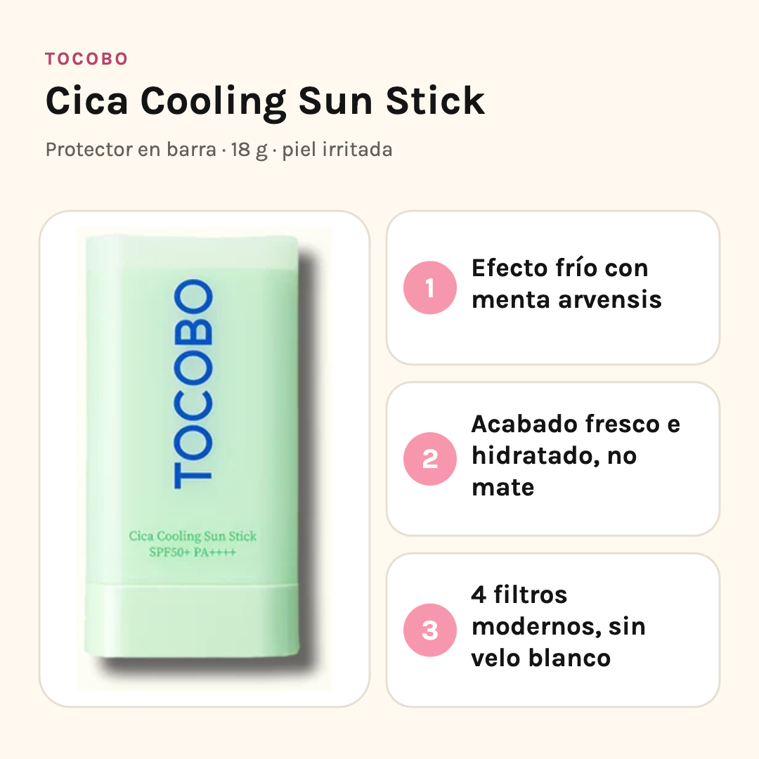 Tocobo Cica Cooling Sun Stick con sus tres beneficios: efecto frío con menta arvensis, acabado fresco e hidratado y cuatro filtros modernos sin velo blanco