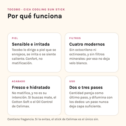 Por qué funciona el Cica Cooling Sun Stick: para piel sensible e irritada, cuatro filtros modernos, acabado fresco y cómo aplicarlo