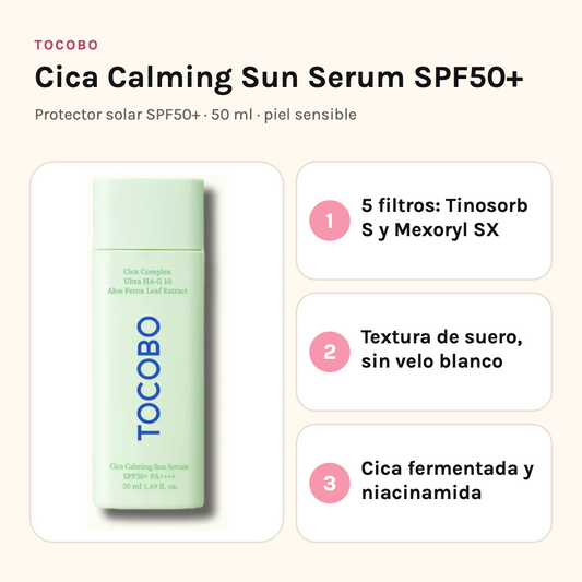 Tocobo Cica Calming Sun Serum SPF50+ con sus tres beneficios: cinco filtros incluidos Tinosorb S y Mexoryl SX, textura de suero sin velo blanco y cica fermentada con niacinamida