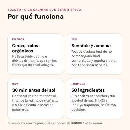 Por qué funciona el Cica Calming Sun Serum: cinco filtros orgánicos, apto para piel sensible y acneica, cómo usarlo y fórmula de 50 ingredientes