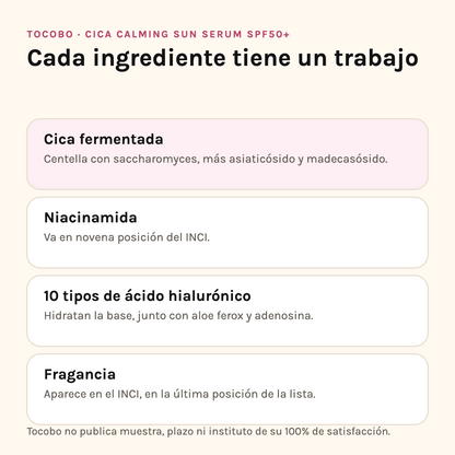 Ingredientes del Cica Calming Sun Serum: cica fermentada, niacinamida, diez tipos de ácido hialurónico y fragancia en última posición