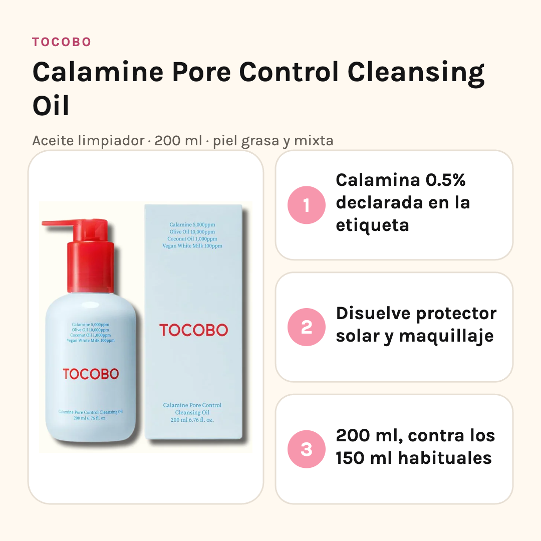 Tocobo Calamine Pore Control Cleansing Oil con sus tres beneficios: calamina 0.5% declarada, disuelve protector solar y maquillaje, y 200 ml de contenido