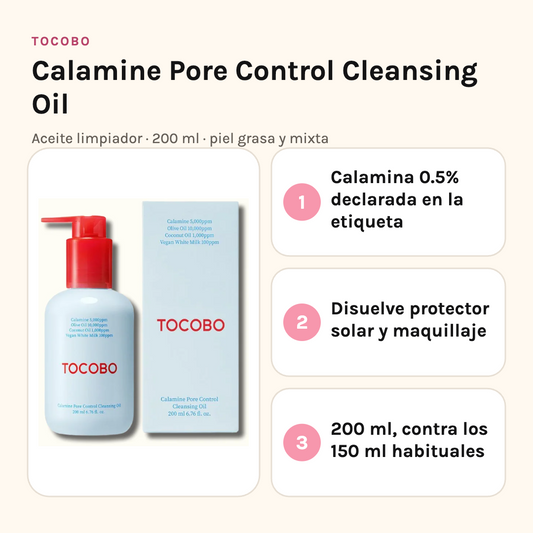 Tocobo Calamine Pore Control Cleansing Oil con sus tres beneficios: calamina 0.5% declarada, disuelve protector solar y maquillaje, y 200 ml de contenido