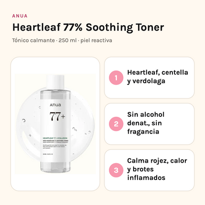 Anua Heartleaf 77% Soothing Toner con sus tres beneficios: heartleaf con centella y verdolaga, sin alcohol denat. ni fragancia, y calma rojez y brotes