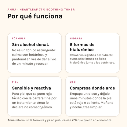 Por qué funciona el Heartleaf Soothing Toner: sin alcohol denat., seis formas de ácido hialurónico, para piel sensible y cómo usarlo como compresa