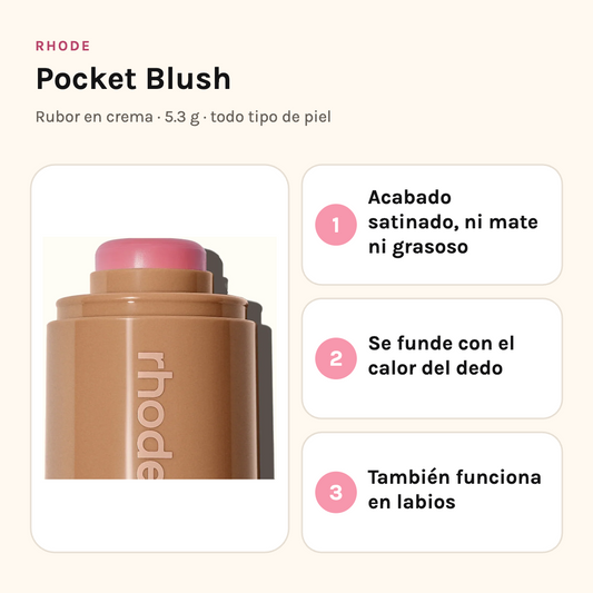 Rhode Pocket Blush con sus tres beneficios: acabado satinado, se funde con el calor del dedo y también funciona en labios