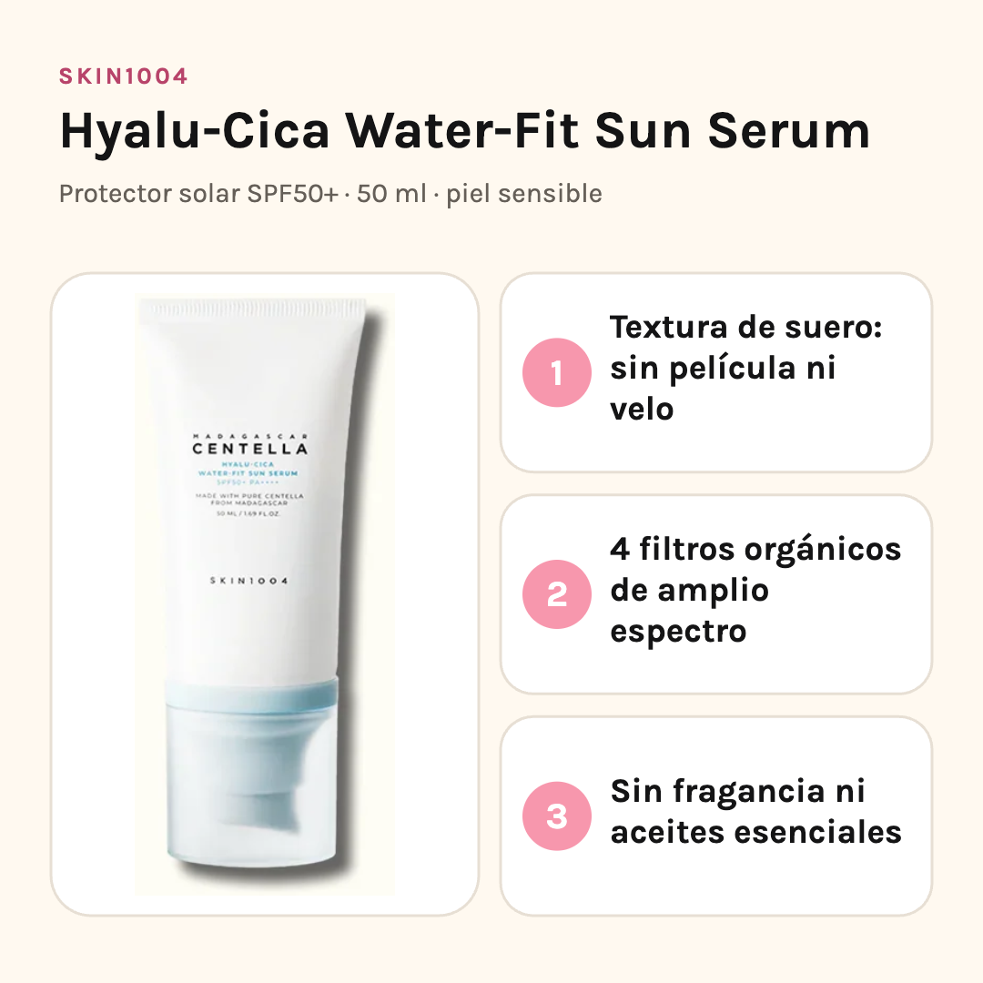 SKIN1004 Hyalu-Cica Water-Fit Sun Serum SPF50+ con sus tres beneficios: textura de suero sin película, cuatro filtros orgánicos y sin fragancia