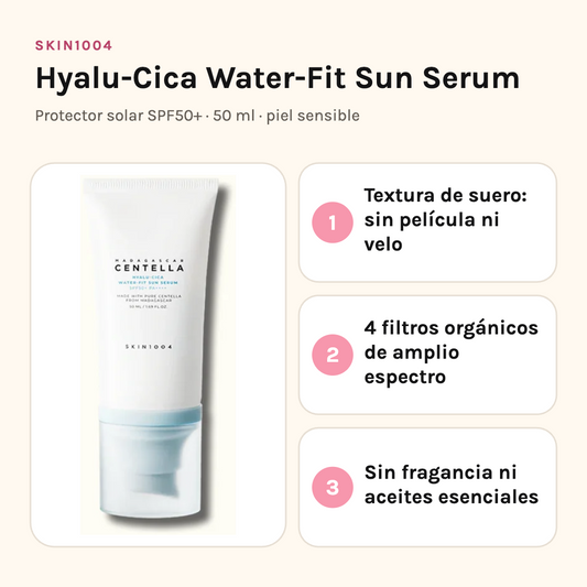 SKIN1004 Hyalu-Cica Water-Fit Sun Serum SPF50+ con sus tres beneficios: textura de suero sin película, cuatro filtros orgánicos y sin fragancia