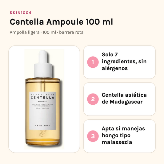 SKIN1004 Centella Ampoule de 100 ml con sus tres beneficios: solo siete ingredientes sin alérgenos, centella asiática de Madagascar y apta con hongo tipo malassezia