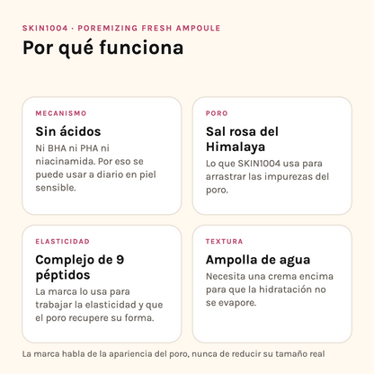 Por qué funciona la Poremizing Fresh Ampoule: sin ácidos, sal rosa del Himalaya, complejo de 9 péptidos y textura de agua