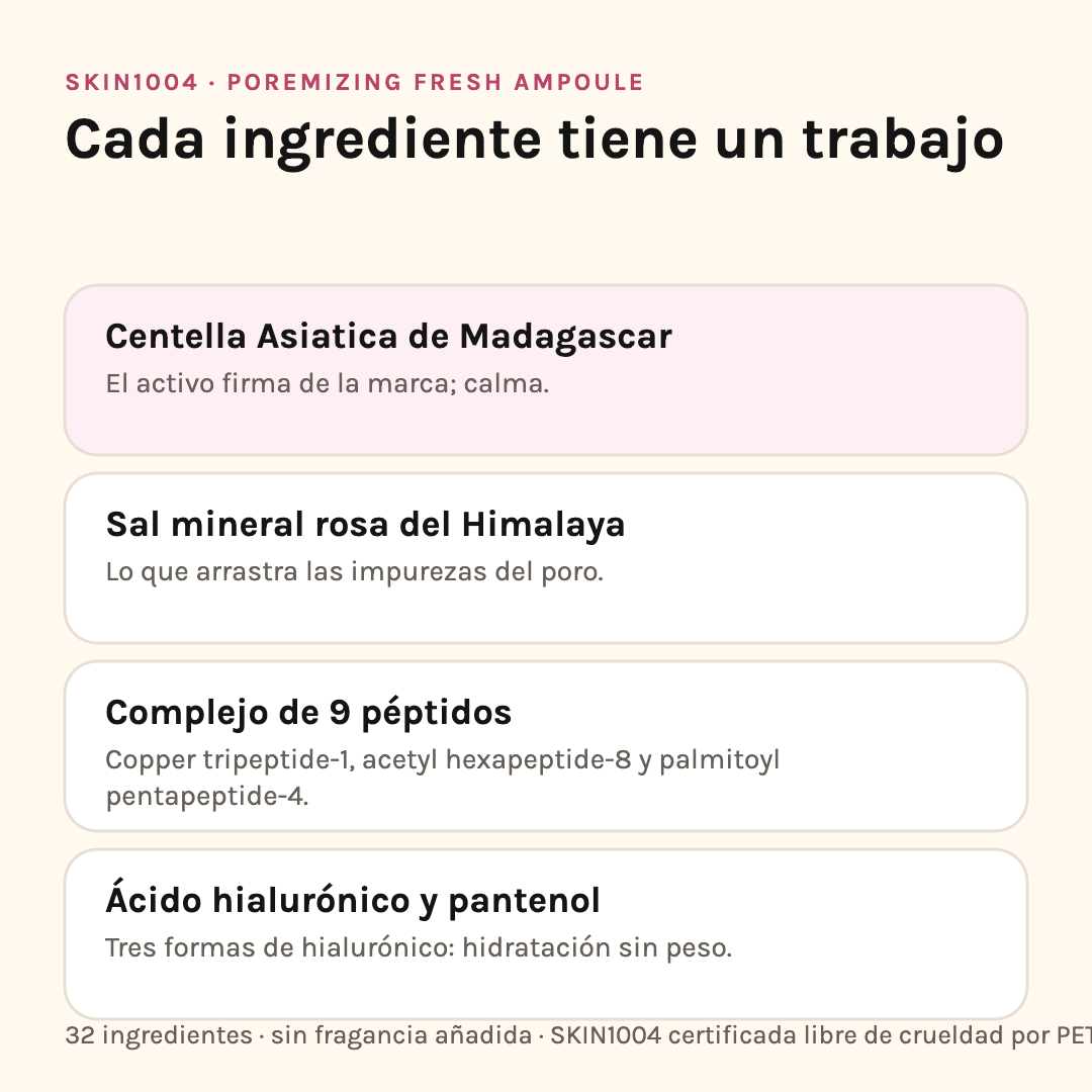 Ingredientes de la Poremizing Fresh Ampoule: centella asiática de Madagascar, sal mineral rosa del Himalaya, complejo de 9 péptidos y ácido hialurónico con pantenol