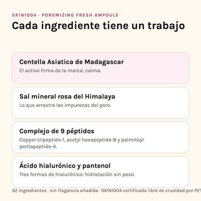 Ingredientes de la Poremizing Fresh Ampoule: centella asiática de Madagascar, sal mineral rosa del Himalaya, complejo de 9 péptidos y ácido hialurónico con pantenol