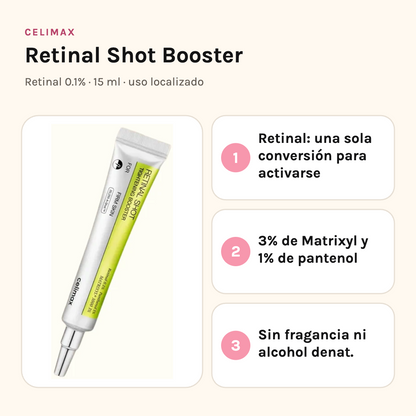 Celimax Retinal Shot Booster 15 ml con sus tres beneficios: retinal de una sola conversión, 3% de Matrixyl y 1% de pantenol, sin fragancia ni alcohol denat.