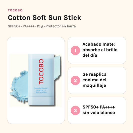 Tocobo Cotton Soft Sun Stick SPF50+ PA++++ 19 g con sus tres beneficios: acabado mate que absorbe el brillo, se reaplica encima del maquillaje y protección sin velo blanco