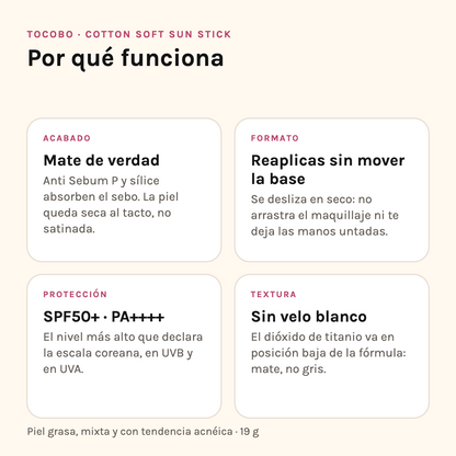 Por qué funciona el Cotton Soft Sun Stick: acabado mate, reaplicación sobre el maquillaje, SPF50+ PA++++ y sin velo blanco