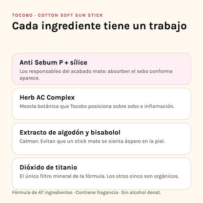 Ingredientes del Cotton Soft Sun Stick: Anti Sebum P y sílice, Herb AC Complex, extracto de algodón con bisabolol y dióxido de titanio