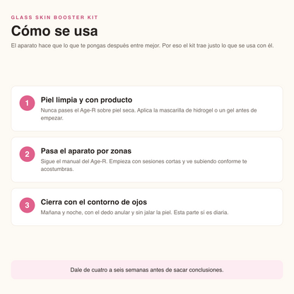 Cómo se usa el Glass Skin Booster Kit en 3 pasos: piel limpia y con producto, pasa el aparato por zonas y cierra con el contorno de ojos