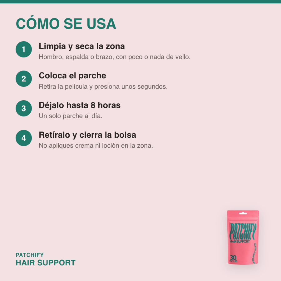 Cómo se usa Patchify Hair Support: limpia la zona, coloca el parche, déjalo hasta 8 horas y cierra la bolsa