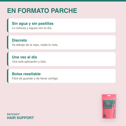 Patchify Hair Support en formato parche: sin agua ni pastillas, discreto, una vez al día, bolsa resellable
