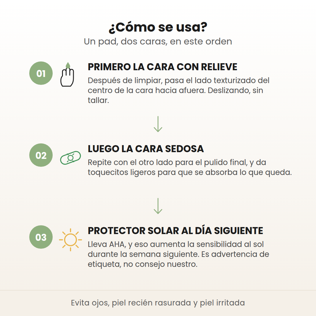 Cómo se usa el Zero Pore Pad en 3 pasos: primero la cara con relieve, luego la cara sedosa y protector solar al día siguiente