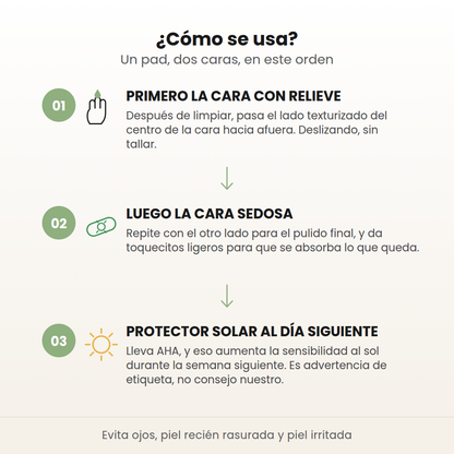 Cómo se usa el Zero Pore Pad en 3 pasos: primero la cara con relieve, luego la cara sedosa y protector solar al día siguiente