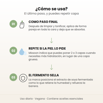 Cómo se usa la Bean Cream de Mixsoon en 3 pasos: como paso final, repite capa si la piel lo pide y el fermento sella la humedad