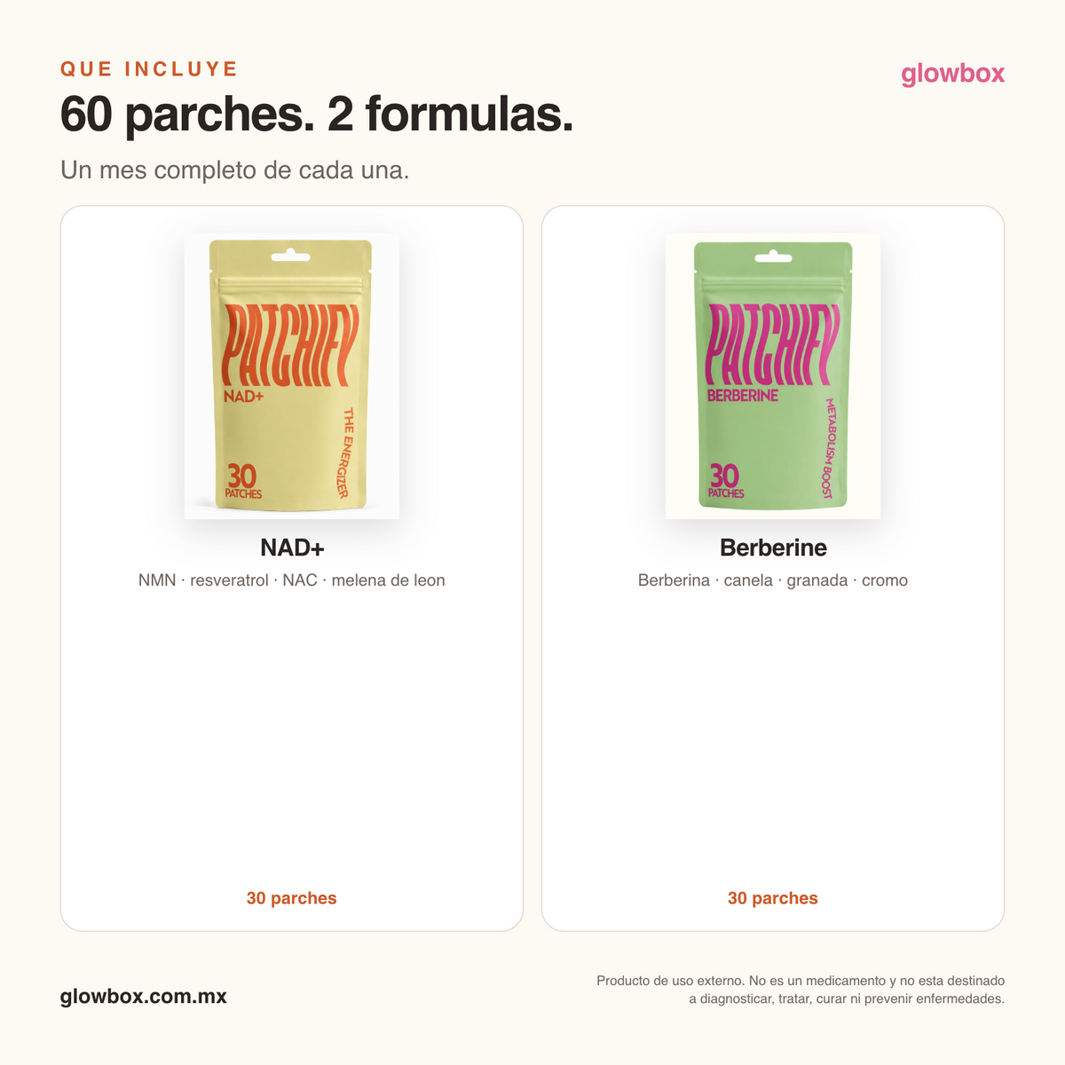 Qué incluye el Duo Energía: 30 parches de NAD+ y 30 de Berberine