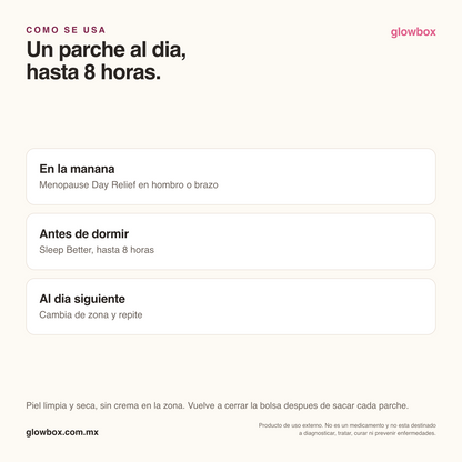 Cómo se usa Patchify: un parche al día, hasta 8 horas, sobre piel limpia y seca
