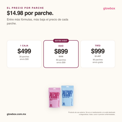 Precio por parche del duo: $14.98. Escalera 1 caja $499, duo $899, trio $999 con envio gratis