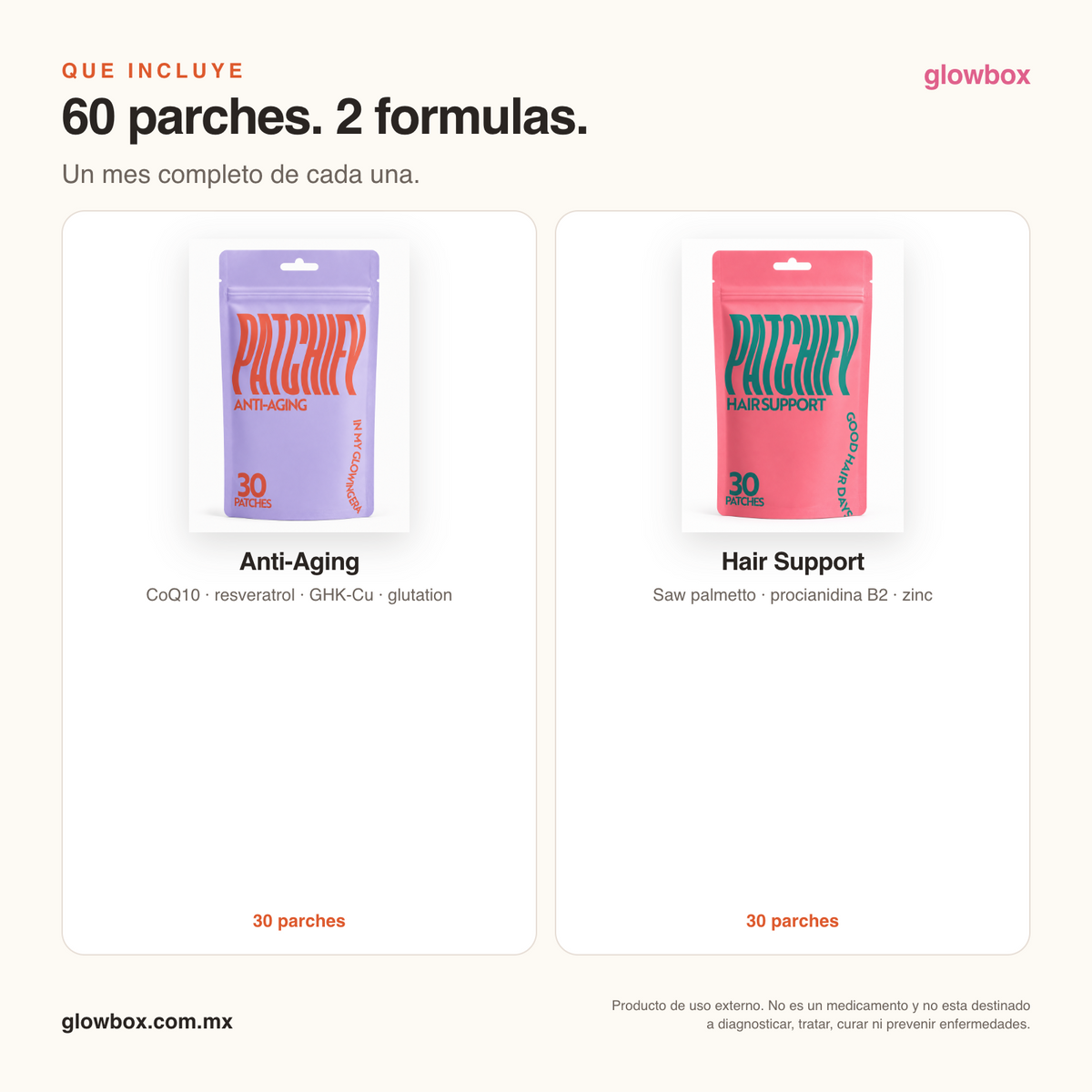Qué incluye el Duo Glow: 30 parches de Anti-Aging y 30 de Hair Support
