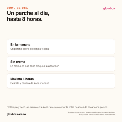Cómo se usa Patchify: un parche al día, hasta 8 horas, sobre piel limpia y seca