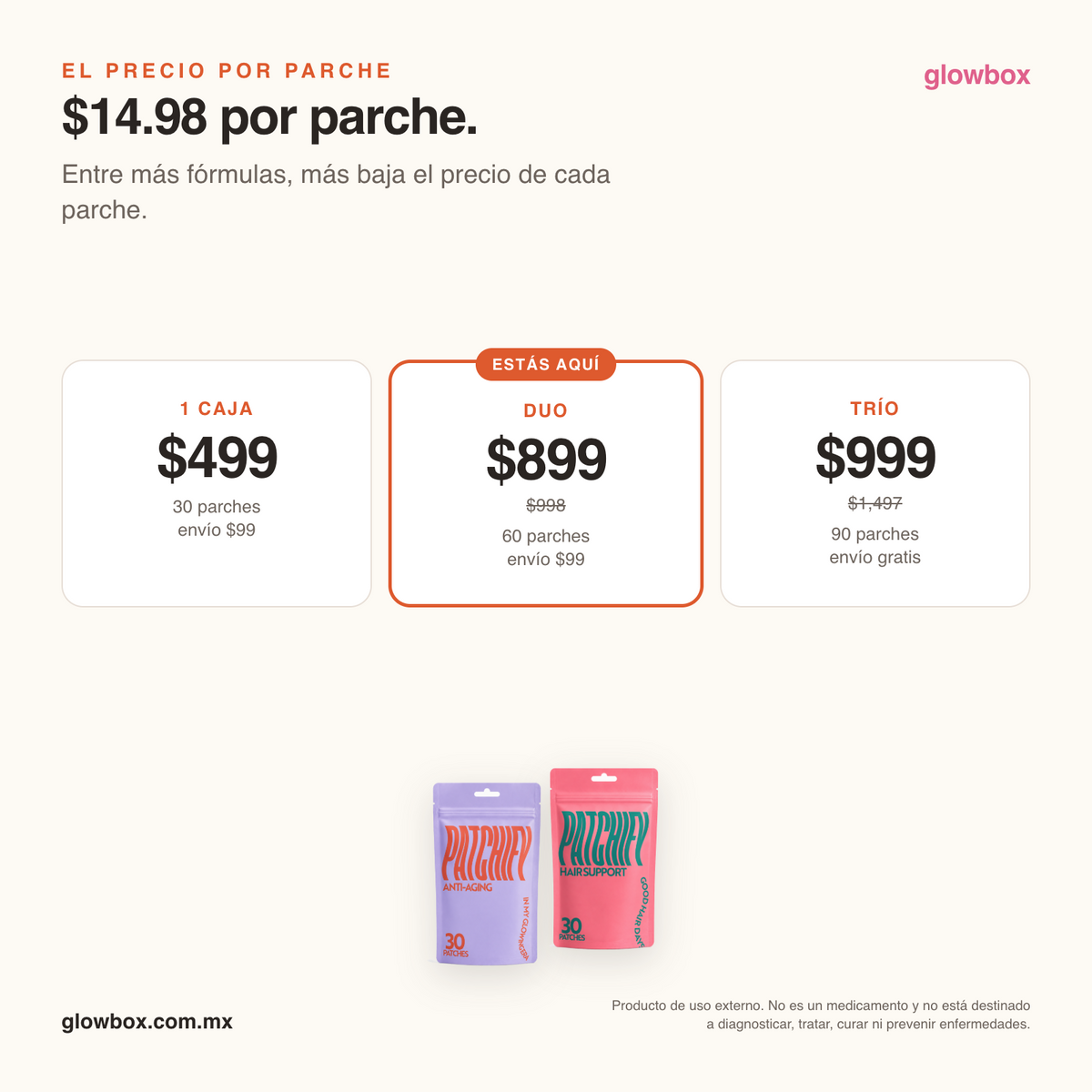 Precio por parche del duo: $14.98. Escalera 1 caja $499, duo $899, trio $999 con envio gratis