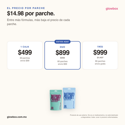 Precio por parche del duo: $14.98. Escalera 1 caja $499, duo $899, trio $999 con envio gratis