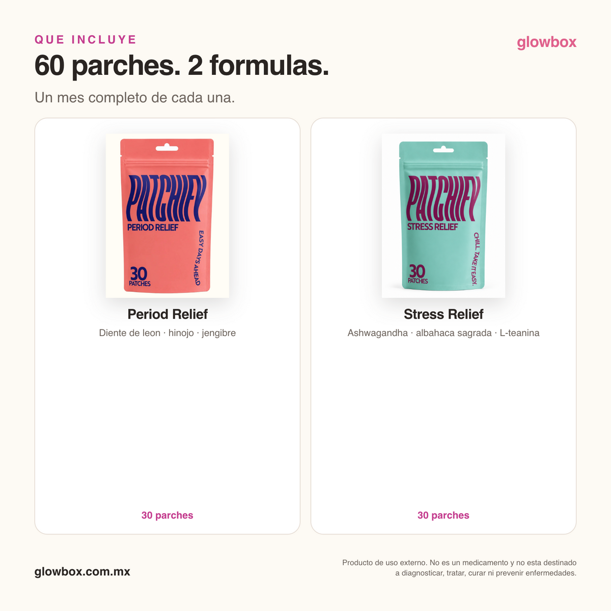 Qué incluye el Duo Tus Días: 30 parches de Period Relief y 30 de Stress Relief