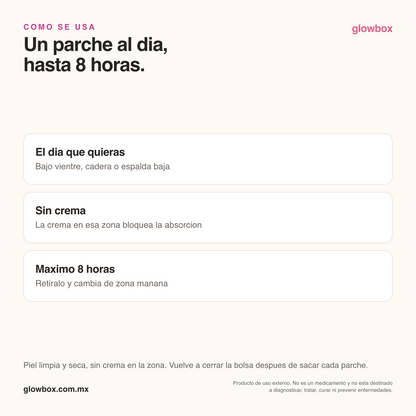 Cómo se usa Patchify: un parche al día, hasta 8 horas, sobre piel limpia y seca